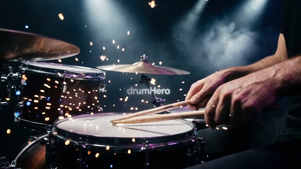 A stick hits a DrumHero-branded snare under stage light, throwing sparks (generated promo footage)