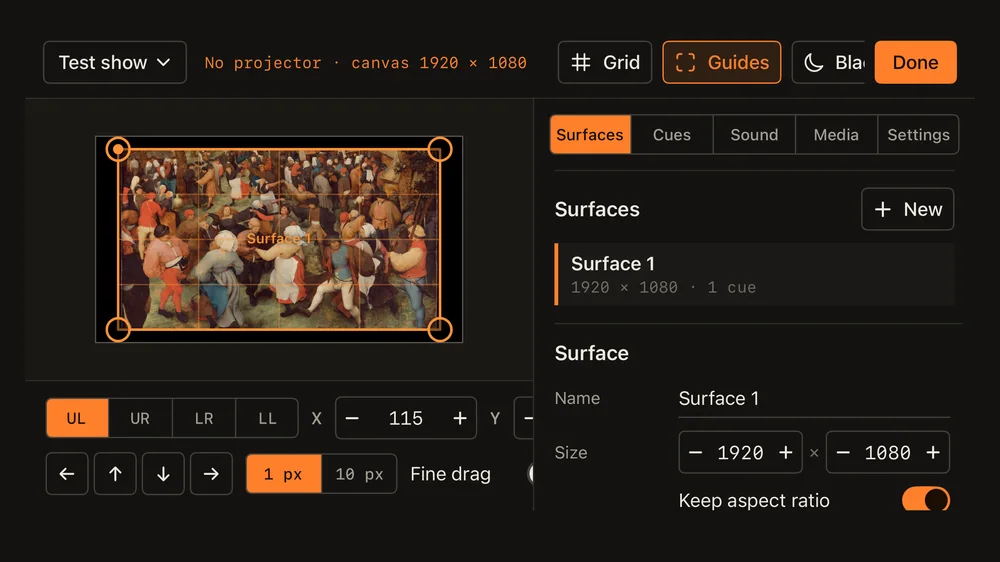 The editor: a surface pinned by its four corners over the picture, with nudge controls and the Surfaces inspector