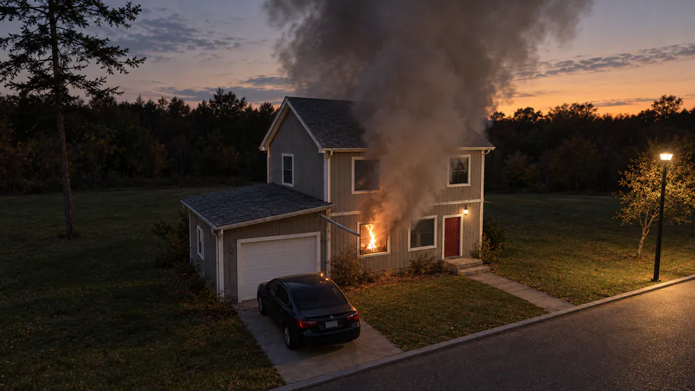 A kitchen fire at dusk: flames in the window, a smoke plume over the house, car in the driveway. Photographic finish is illustrative.