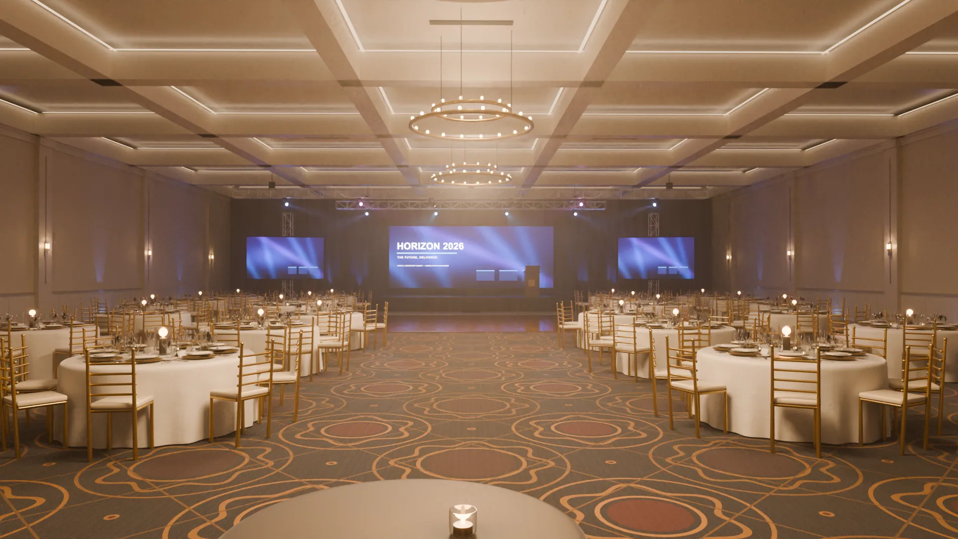 The HORIZON ballroom seen from the entrance, with the chandelier overhead and tables leading toward the stage.