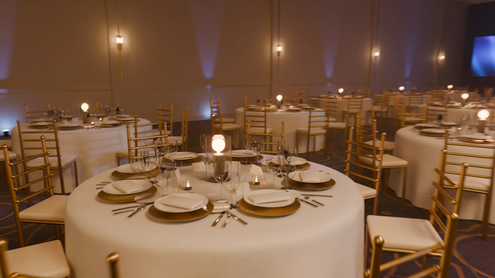 A frame from the HORIZON flythrough, halfway down the ballroom between the tables.