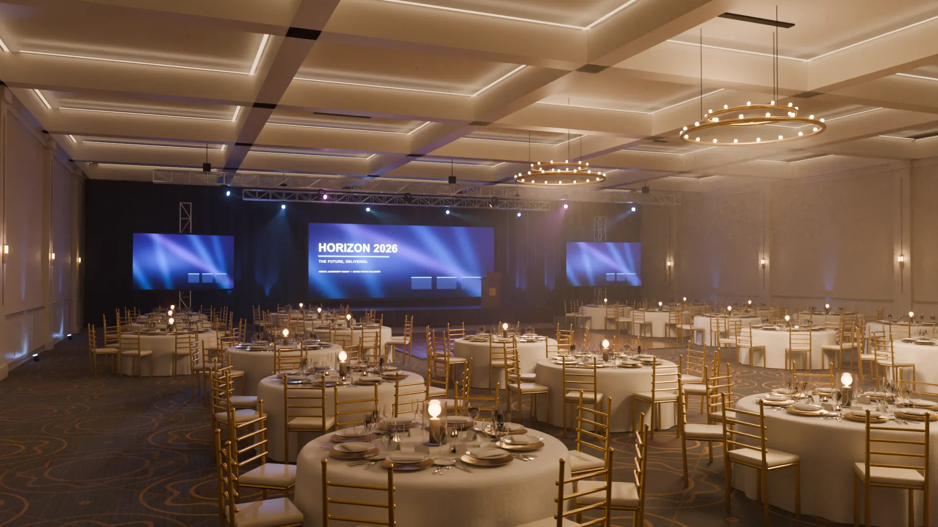 Rendered view of the HORIZON ballroom from the back of the room: round tables with candlelight, a gold ring chandelier, and a blue stage presentation at the far end.