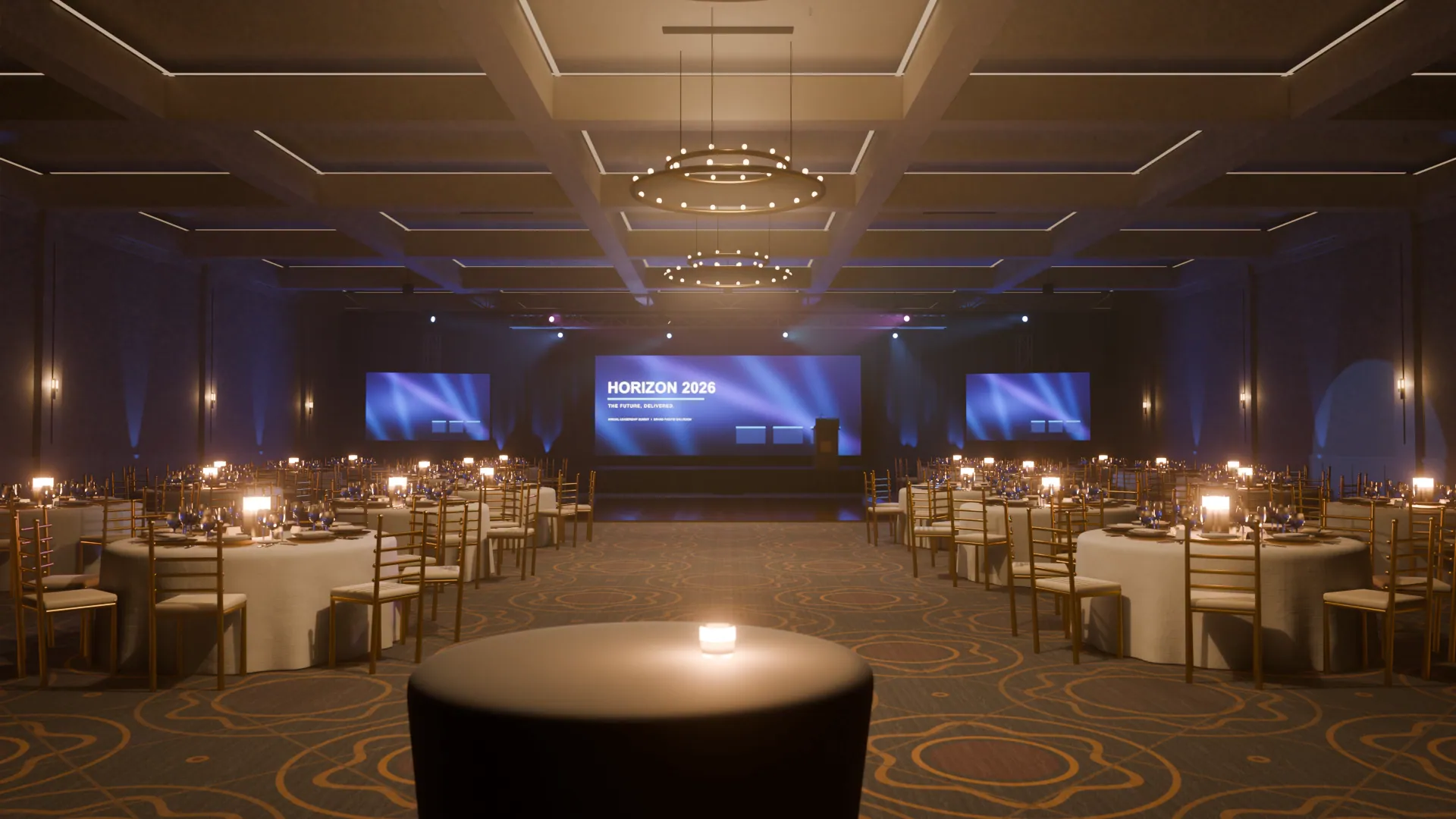 The HORIZON ballroom concept at dusk: candlelit round tables under a ring chandelier, with a blue stage presentation at the far end.