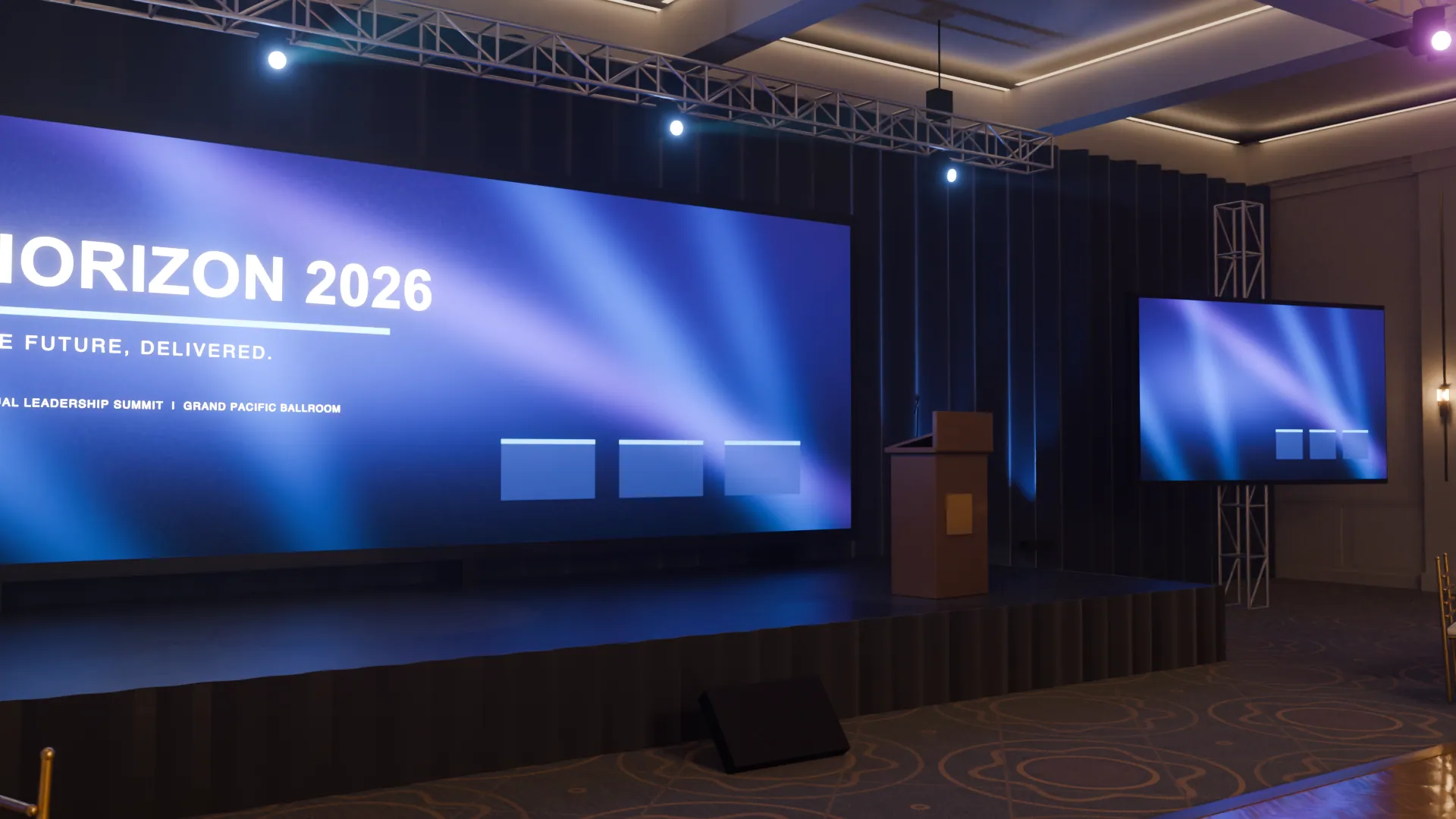 The HORIZON concept stage with its wide presentation screen, lectern and moving-light beams.