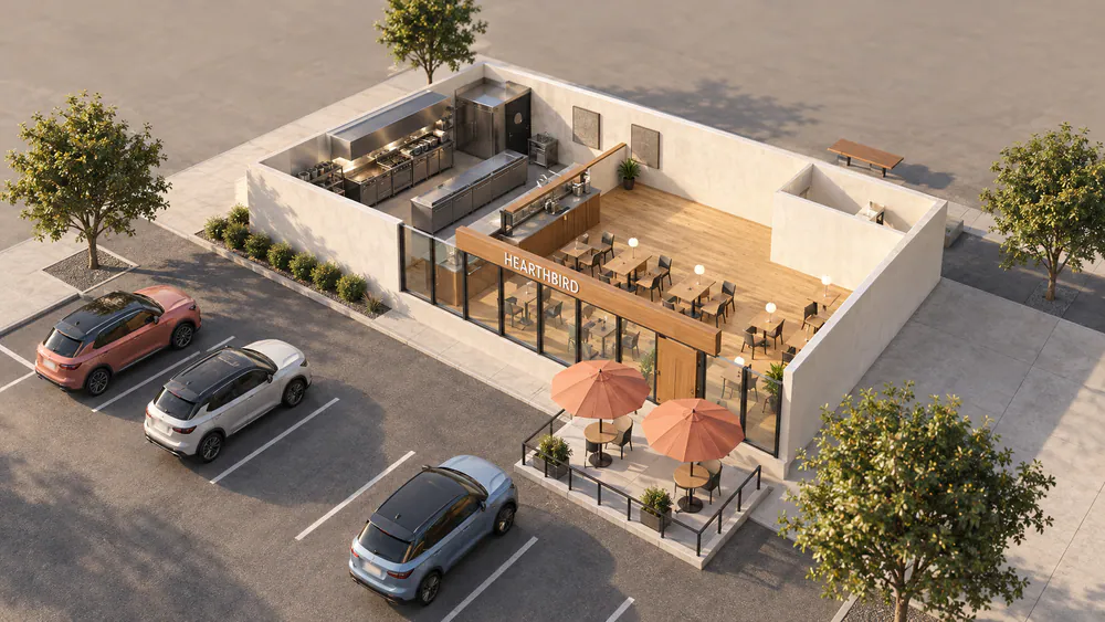The restaurant twin as a roofless cutaway at golden hour: kitchen, dining room, patio and parking. Photographic finish is illustrative.