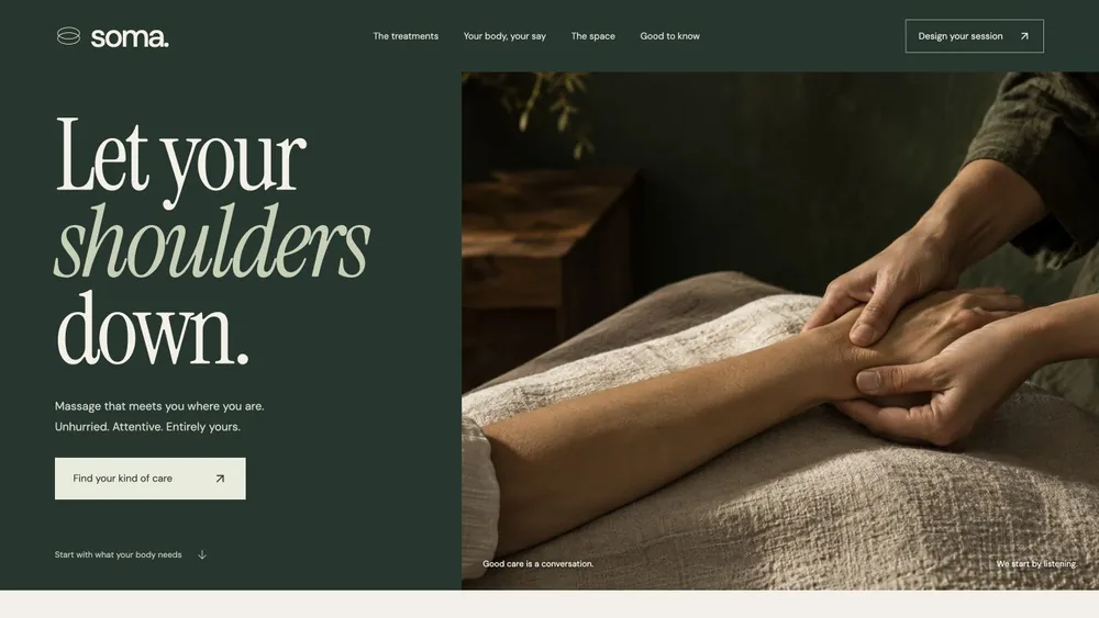 Soma’s opening screen: ‘Let your shoulders down.’ in Instrument Serif beside a close-up of hands at work
