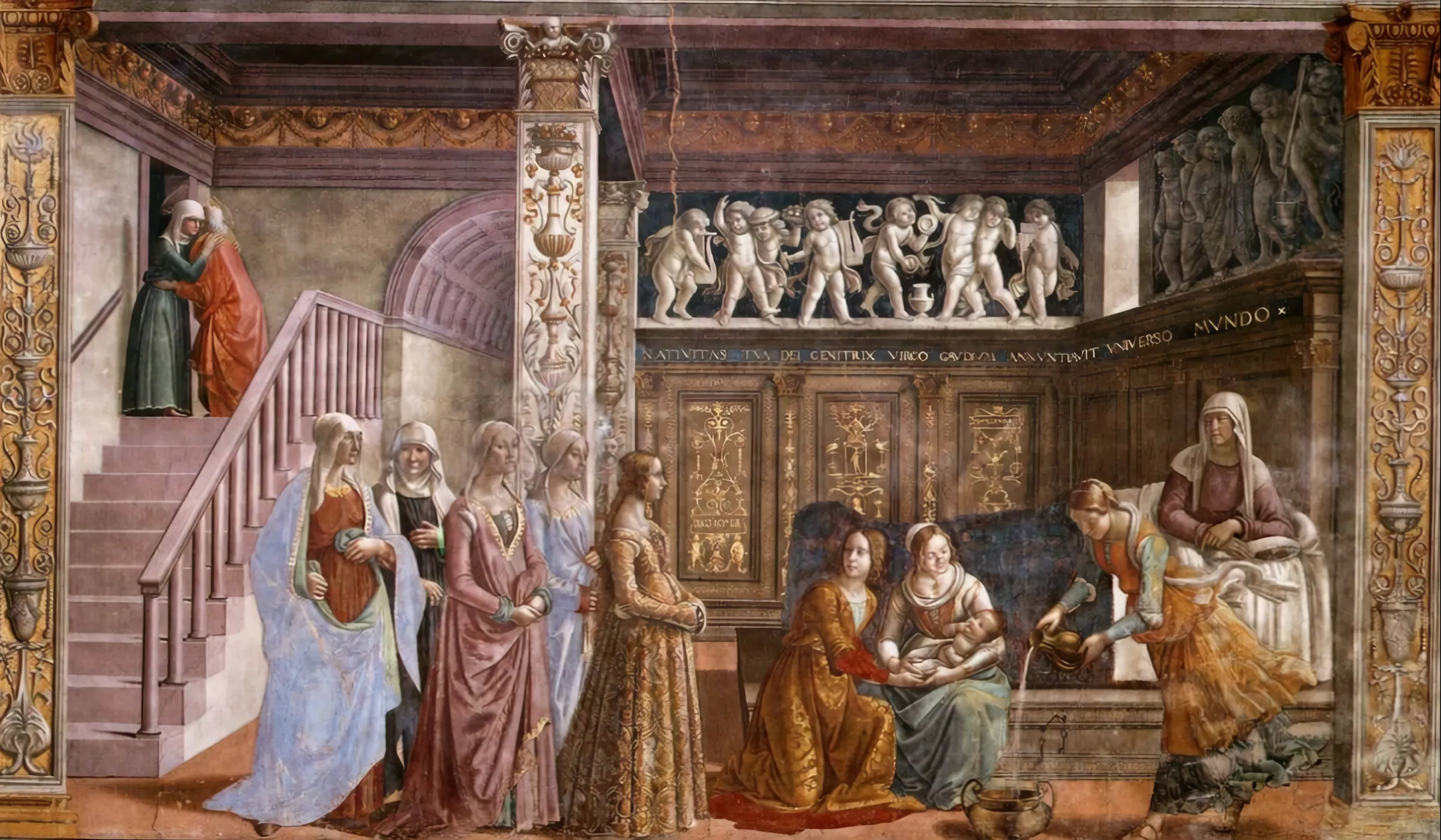 A detail of Domenico Ghirlandaio’s Birth of the Virgin: women in gold and blue robes tending a newborn while water is poured into a basin.