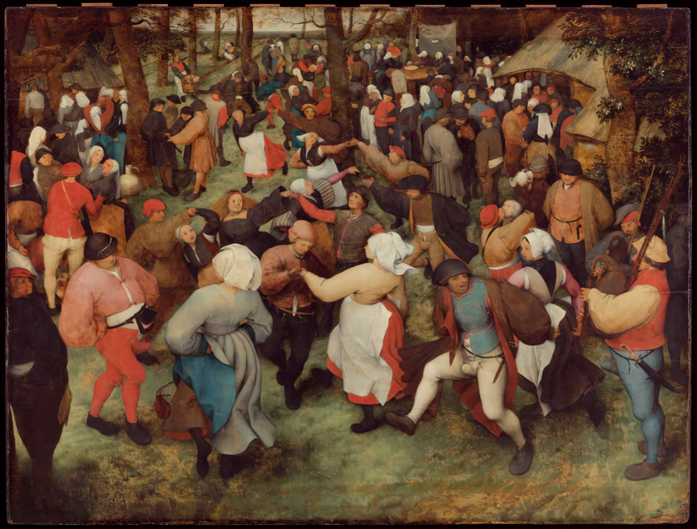 A detail of Pieter Bruegel the Elder’s The Wedding Dance: peasants in red, white and blue turning in a dance on the grass.