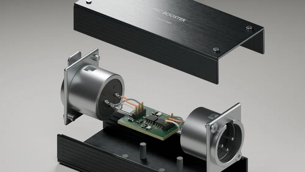 Exploded view of the mic booster: lid lifted, XLR connectors and the dual-JFET board wired between them