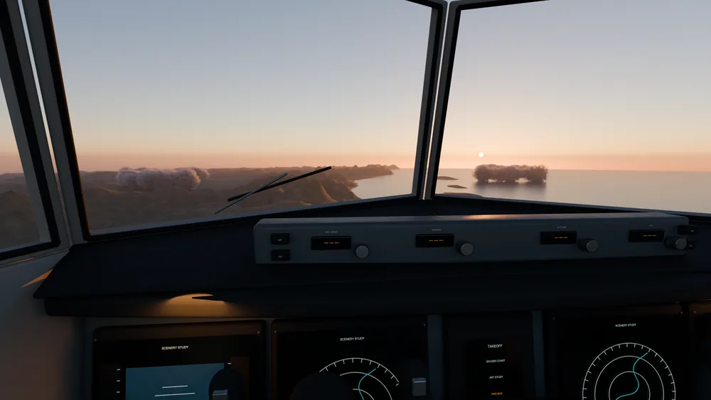 Golden Coast pilot-eye study: an original 787-inspired cockpit over an authored coastline at sunset (Blender render)