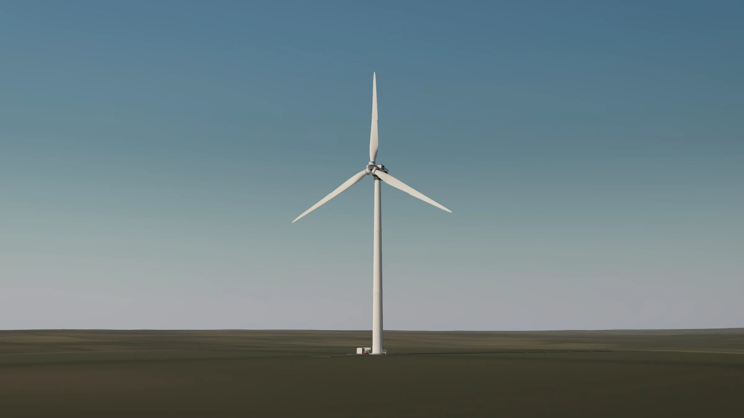The TwinFarm 3D teaching model: a white wind turbine on a green ridge against a blue sky.