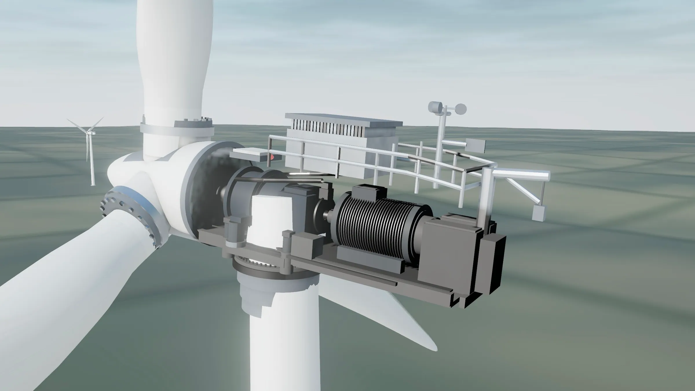 A cutaway view of the TwinFarm turbine nacelle showing the gearbox, generator and shaft.